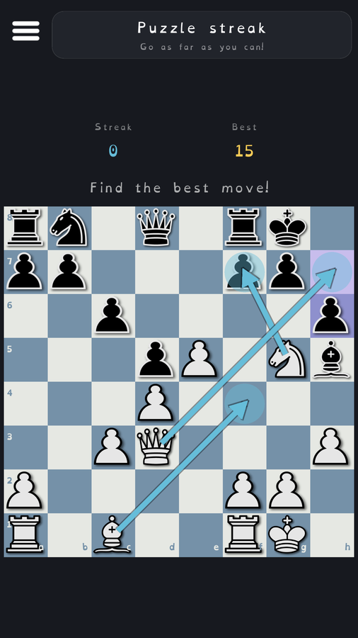 Puzzle streak: find the best move and go as far as you can